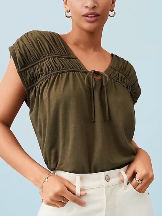 LOFT Tops - LOFT Shirred Tie Neck Top Green Cotton Blend Boho Chic V-neck Womens Large
